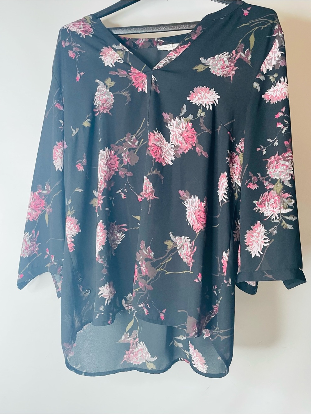Maurices Black Floral V-Neck Blouse with Pink Flowers